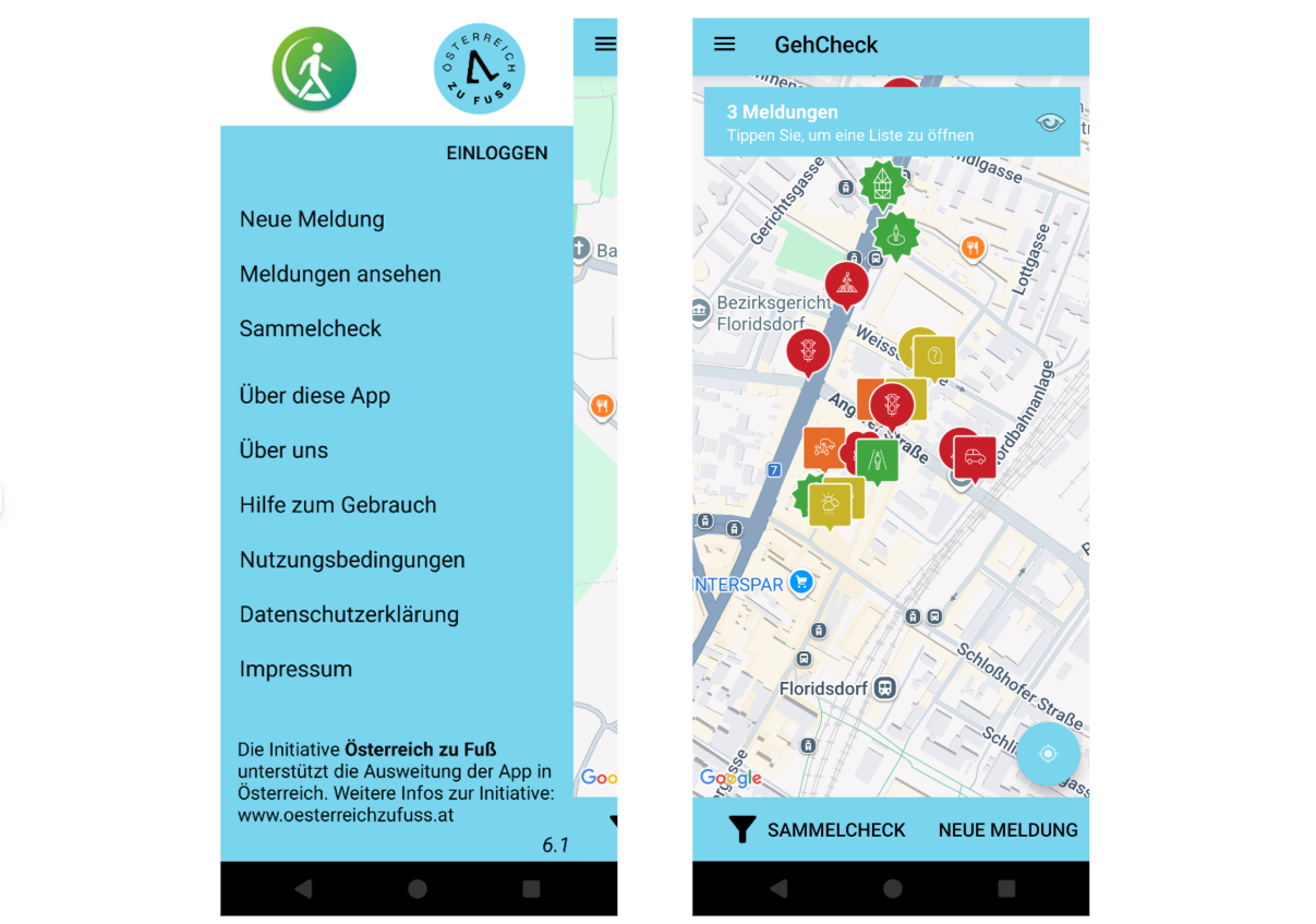 Zwei Ansichten der GehCheck App, einmal mit Menüband auf der linken Seite und einmal eine Karte mit eingezeichneten Symbolen.