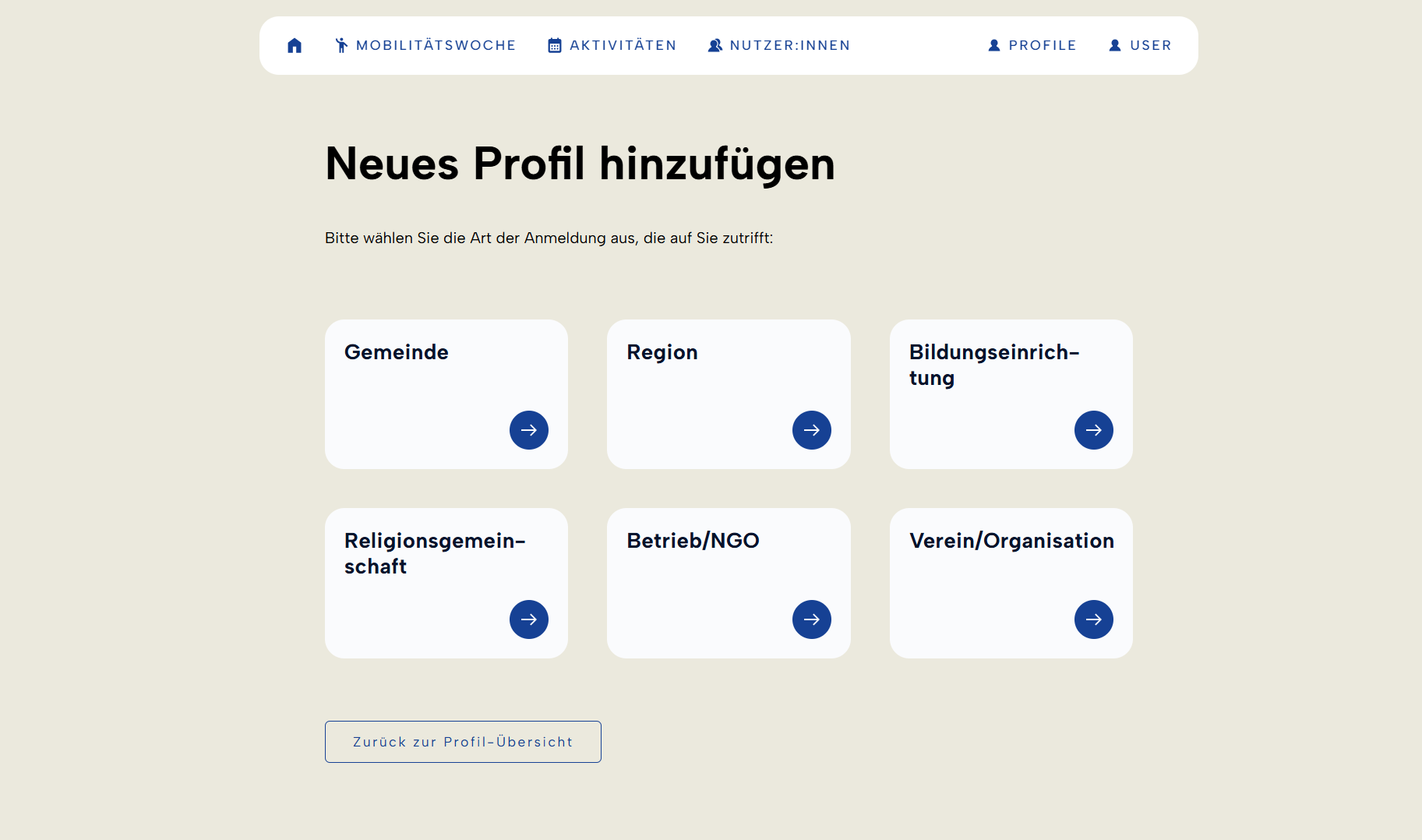 Ansicht der Registrierungsplattform