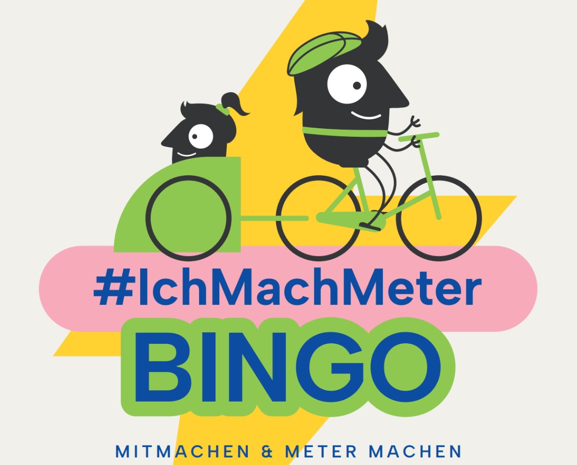 Illustration Edgar am Bike, im Radanhänger eine kleine Ella. darunter steht: "#IchMachMeter Bingo