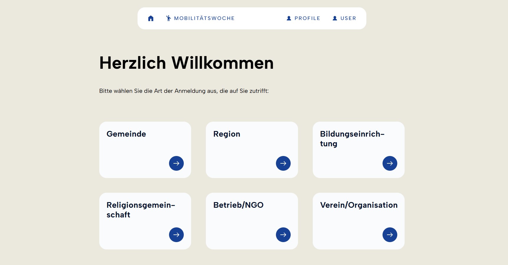 Registrierung Schritt 3: Auswahl der verschiedenen Institutionen oder Organisationen: Gemeinde, Region, Bildungseinrichtung...