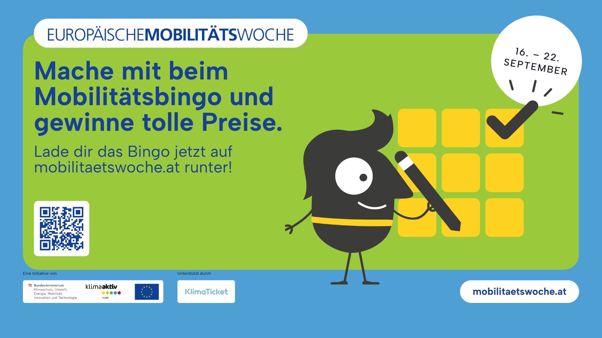 Banner: "Mache mit beim Mobilitätsbingo und gewinne tolle Preise. Lade dir das Bingo jetzt auf mobilitaetswoche.at runter!" Darunter ein QR-Code. Rechts daneben ein Edgar-Maskottchen, das Bingofelder abhakt.
